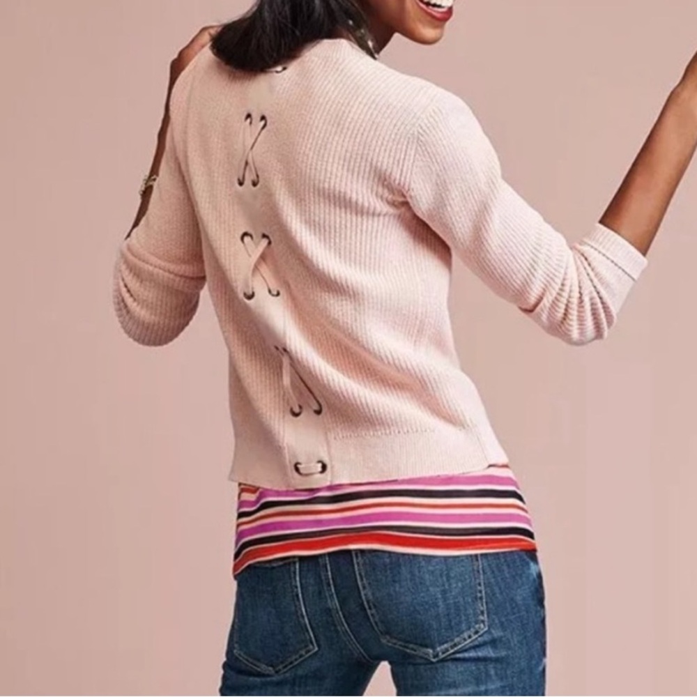 CABI Eliza Lace Up Detail Light Pink Sweater Cardigan Size XS